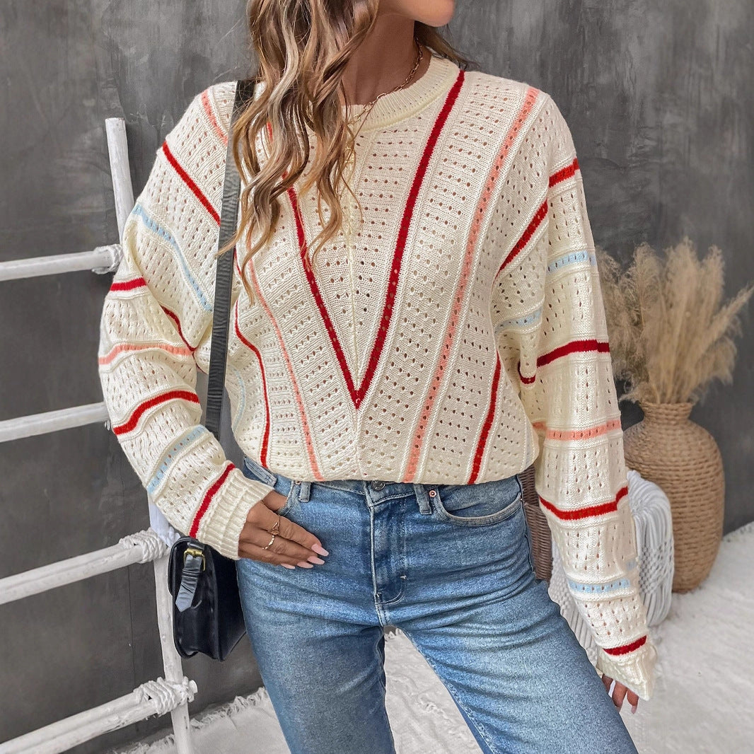 Damen Strickpullover mit modernem Lochmuster und dekorativen Streifen Drune