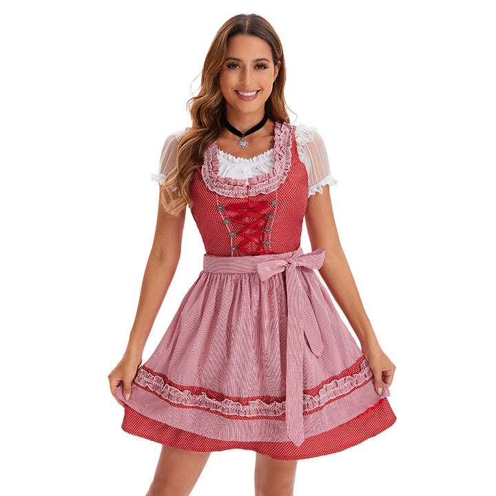 Damen nan kurzes traditionelles Dirndlkleid mit Korsett-Schnürung Spitzendetails und bindbarer Schürze Drune