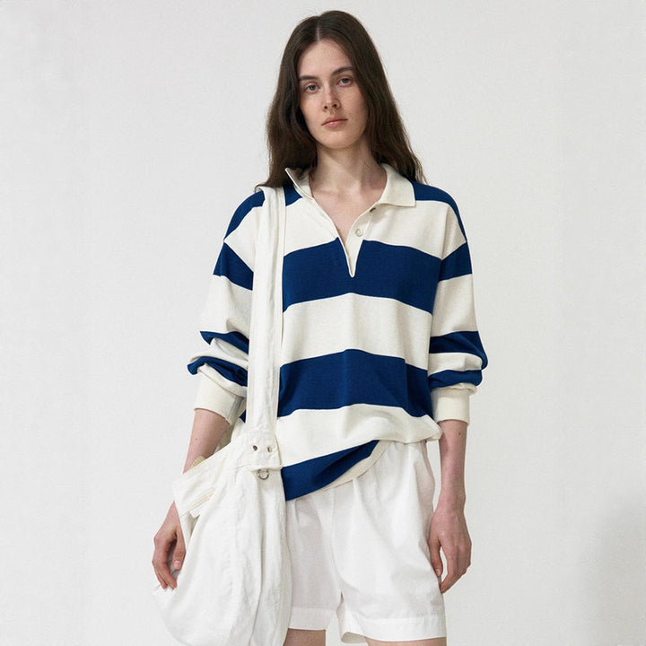Damen Lässiges Poloshirt mit gestreiftem Design und langem Arm Drune