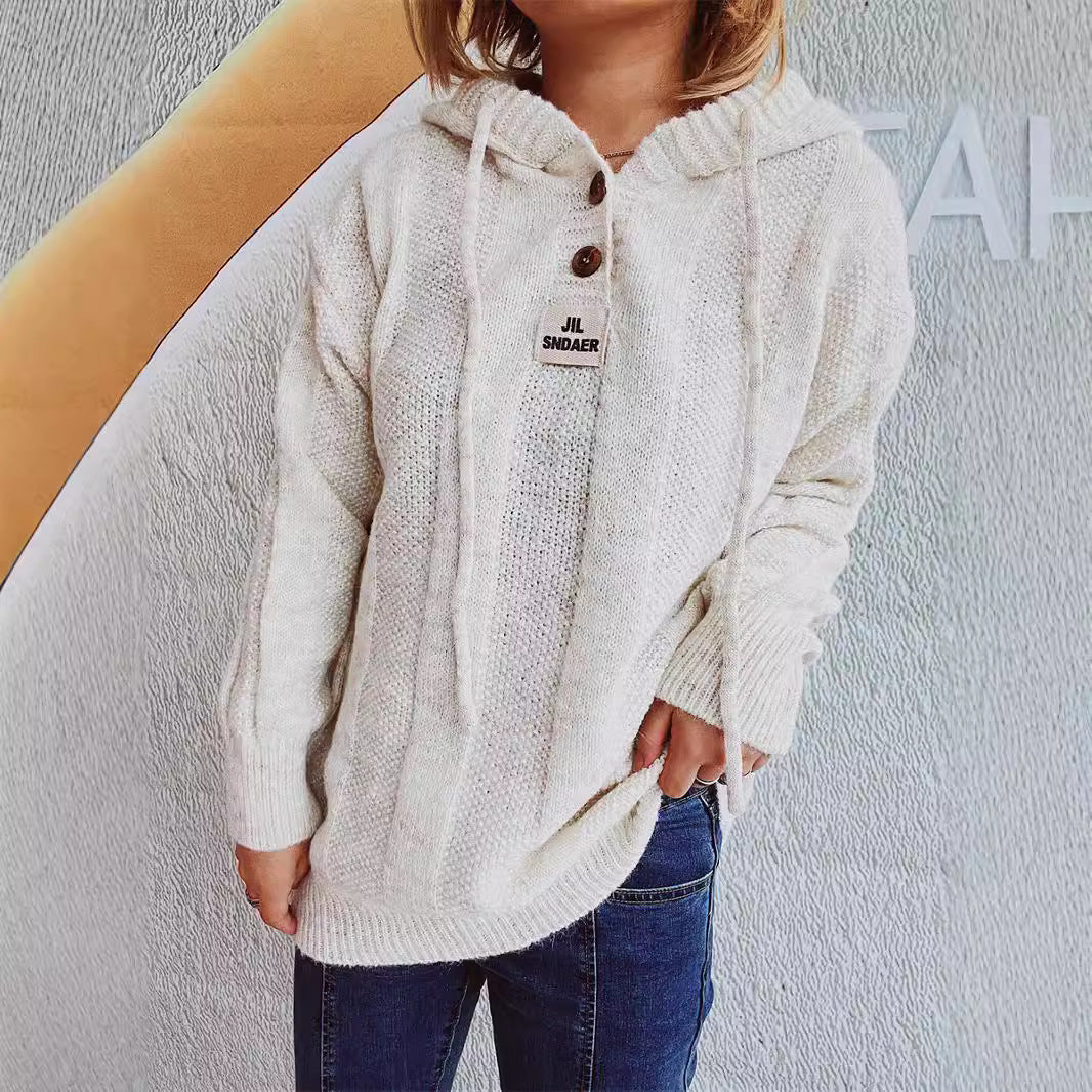 Damen lockerer Strickpullover mit Kapuze und dekorativen Knöpfen Drune