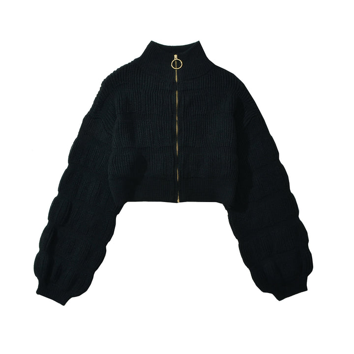 Damen Cropped Strickjacke mit dekorativem Reißverschluss und voluminösen Ärmeln Drune