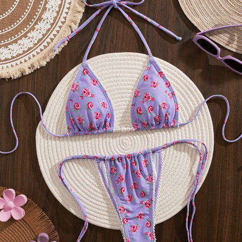 Damen Triangel-Bikini mit floralem Druck und verspielten Rüschen Drune