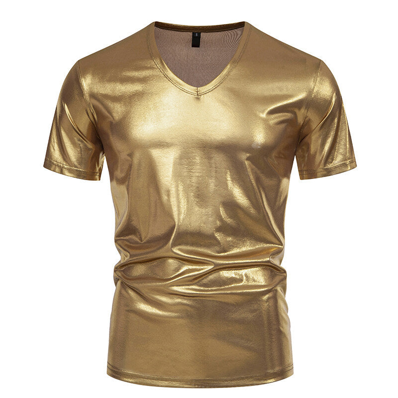 Herren Glänzendes Metallisches V-Ausschnitt T-Shirt Drune