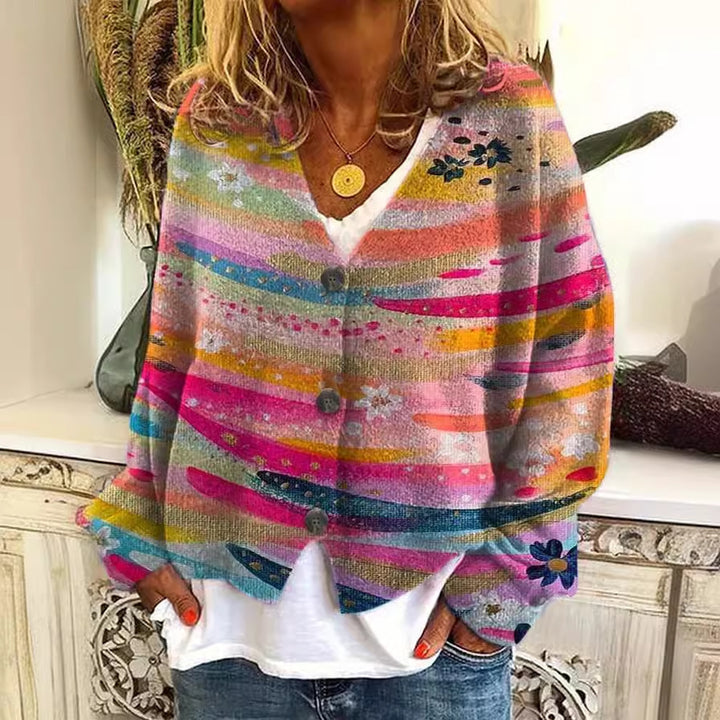 Damen lässiger Strickcardigan mit bunten Streifen und Knopfdetails Drune