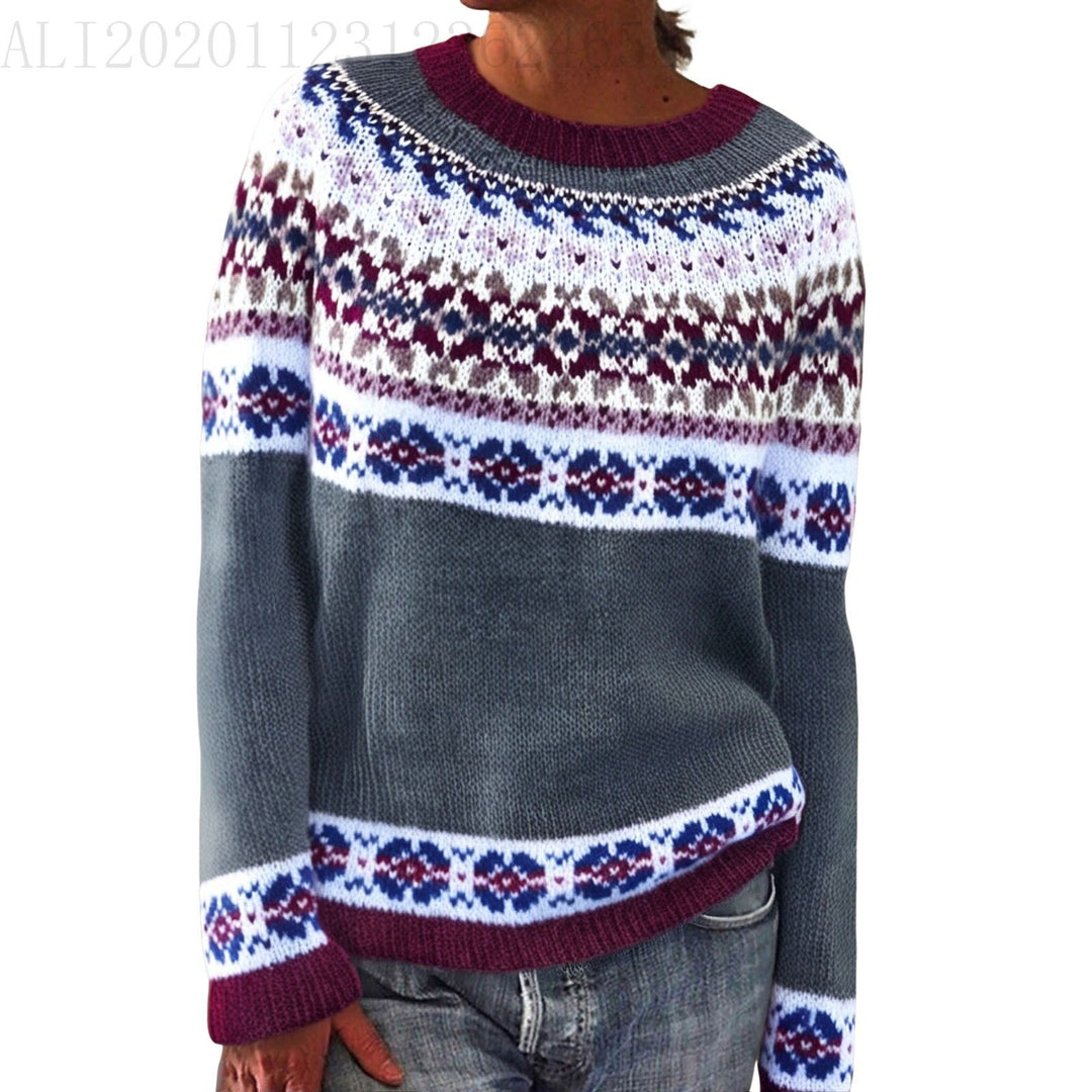 Damen nan melierter Rundhalsausschnittpullover mit kreisförmigem Jacquard-Yoke und geripptem Saum Drune