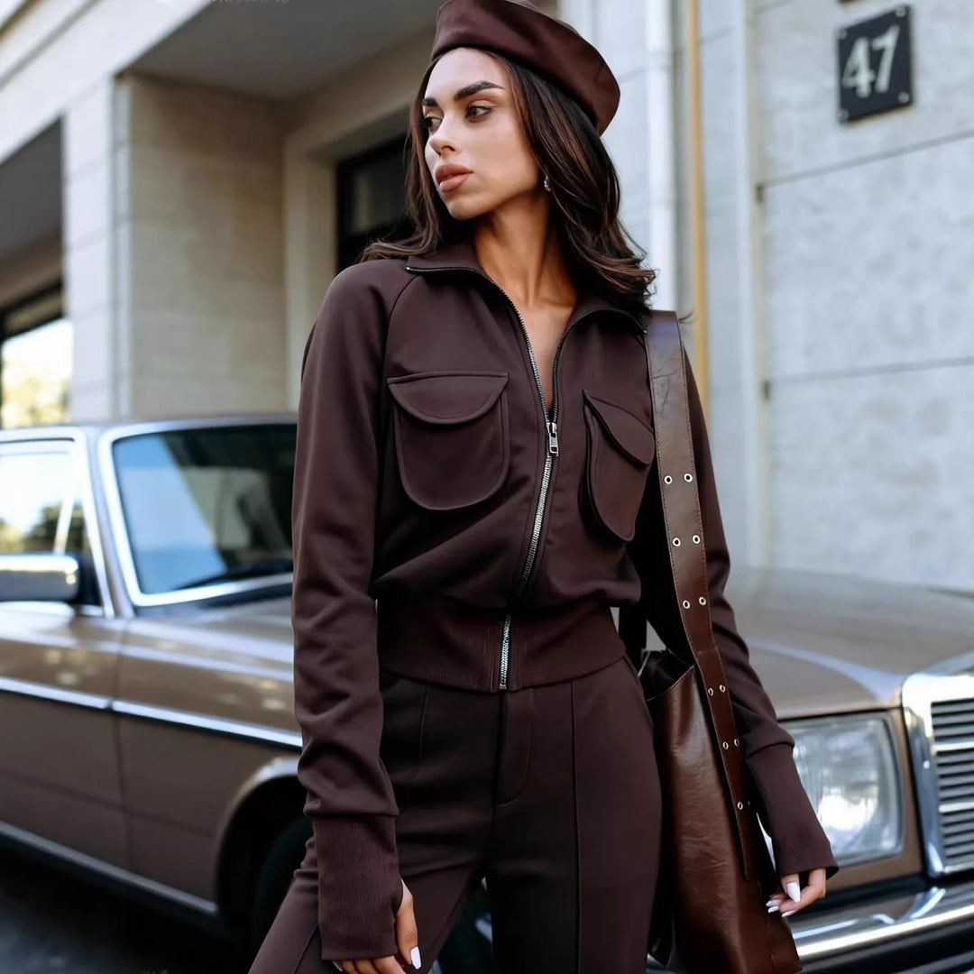 Damen warmer Sweatanzug mit praktischen Taschen und hohem Kragen Drune
