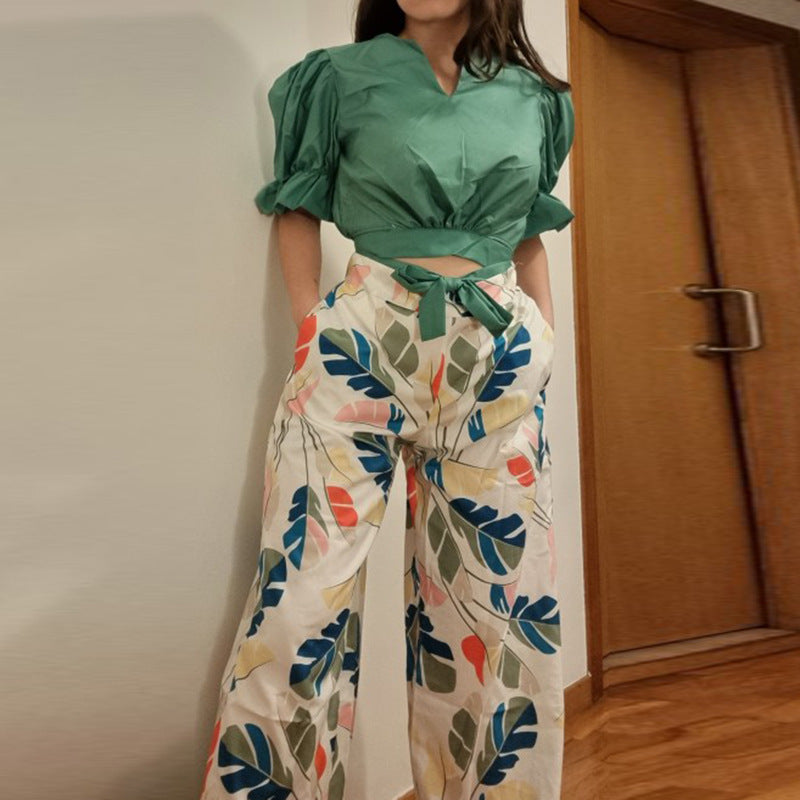 Damen Crop-Top und weit geschnittene Hose Set Drune