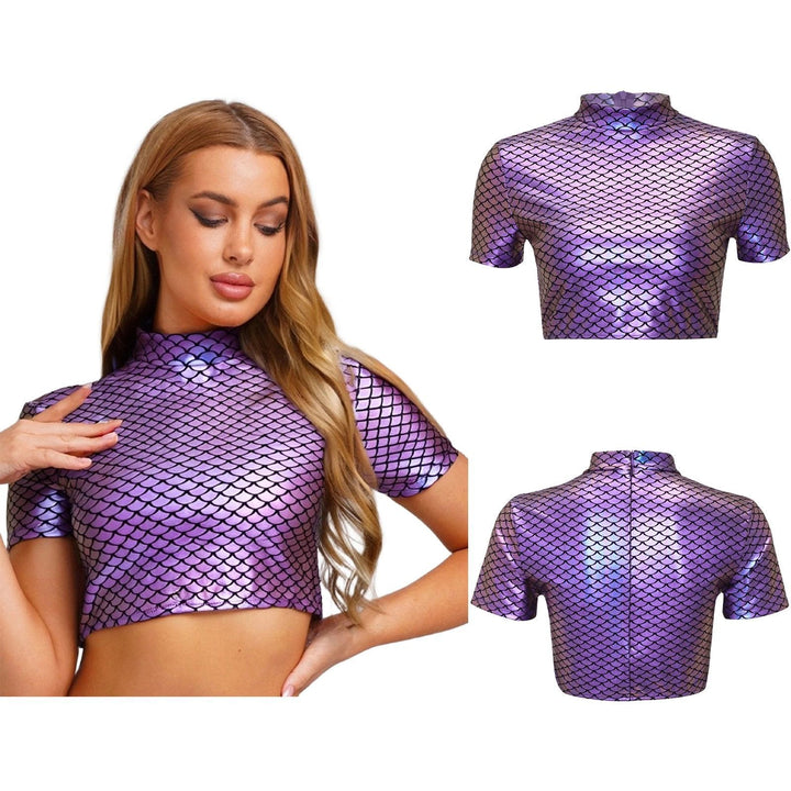 Damen Glitzerndes Cropped Shirt mit schimmerndem Fischschuppen-Muster Drune