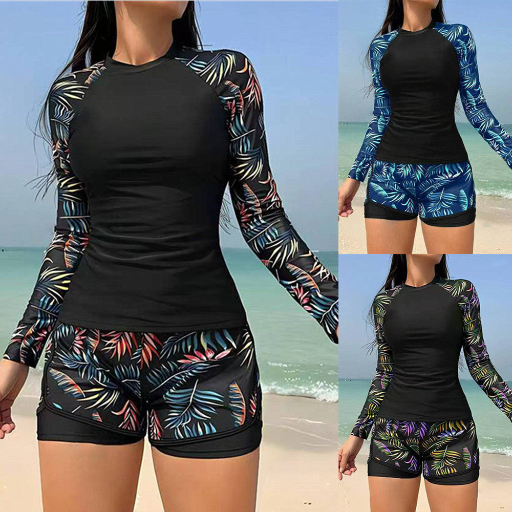 Damen Sportlicher Langarm Rashguard mit buntem Blattdesign Drune