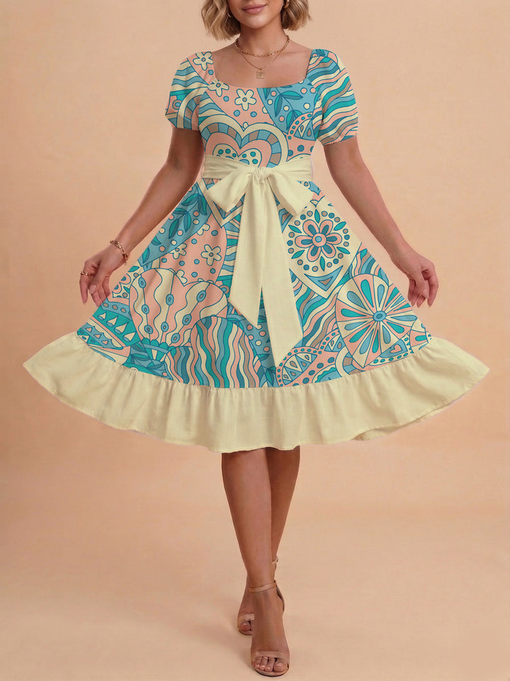 Damen elegantes Maxikleid mit floralem Design und Taillengürtel Drune