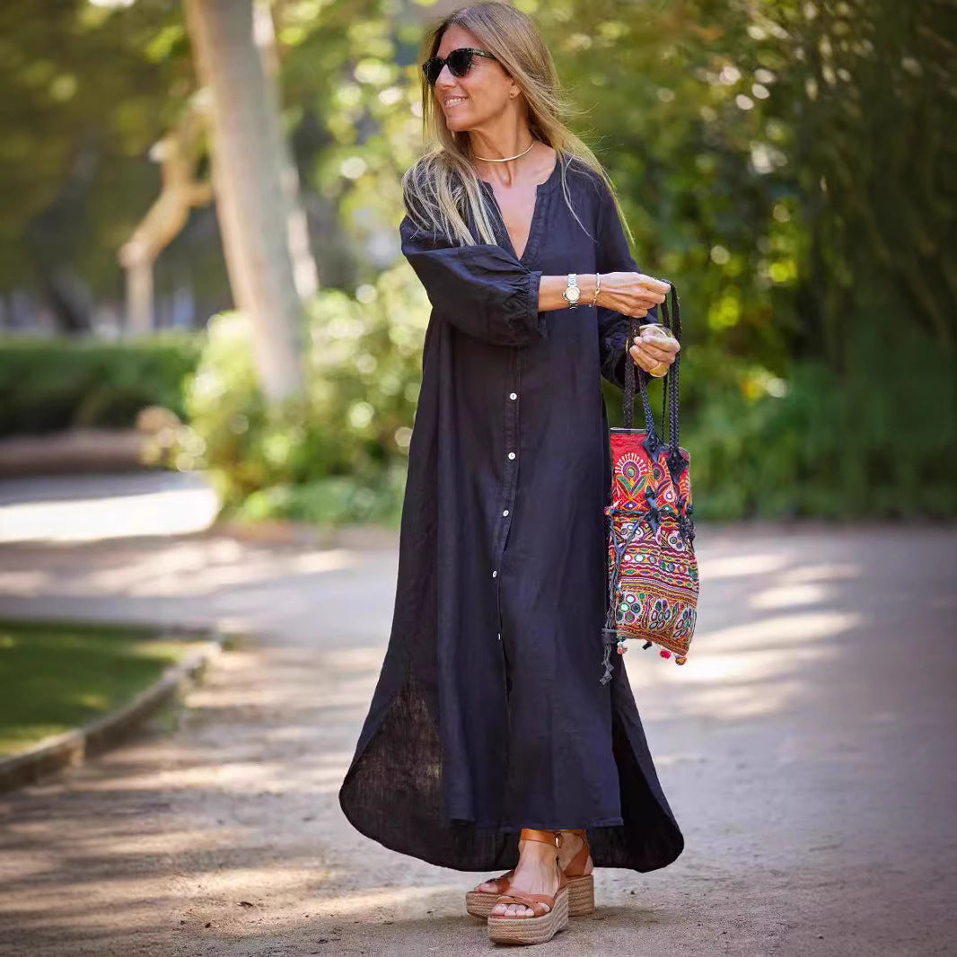 Damen Leichtes Leinenkleid mit langen Ärmeln und durchgehender Knopfleiste Drune