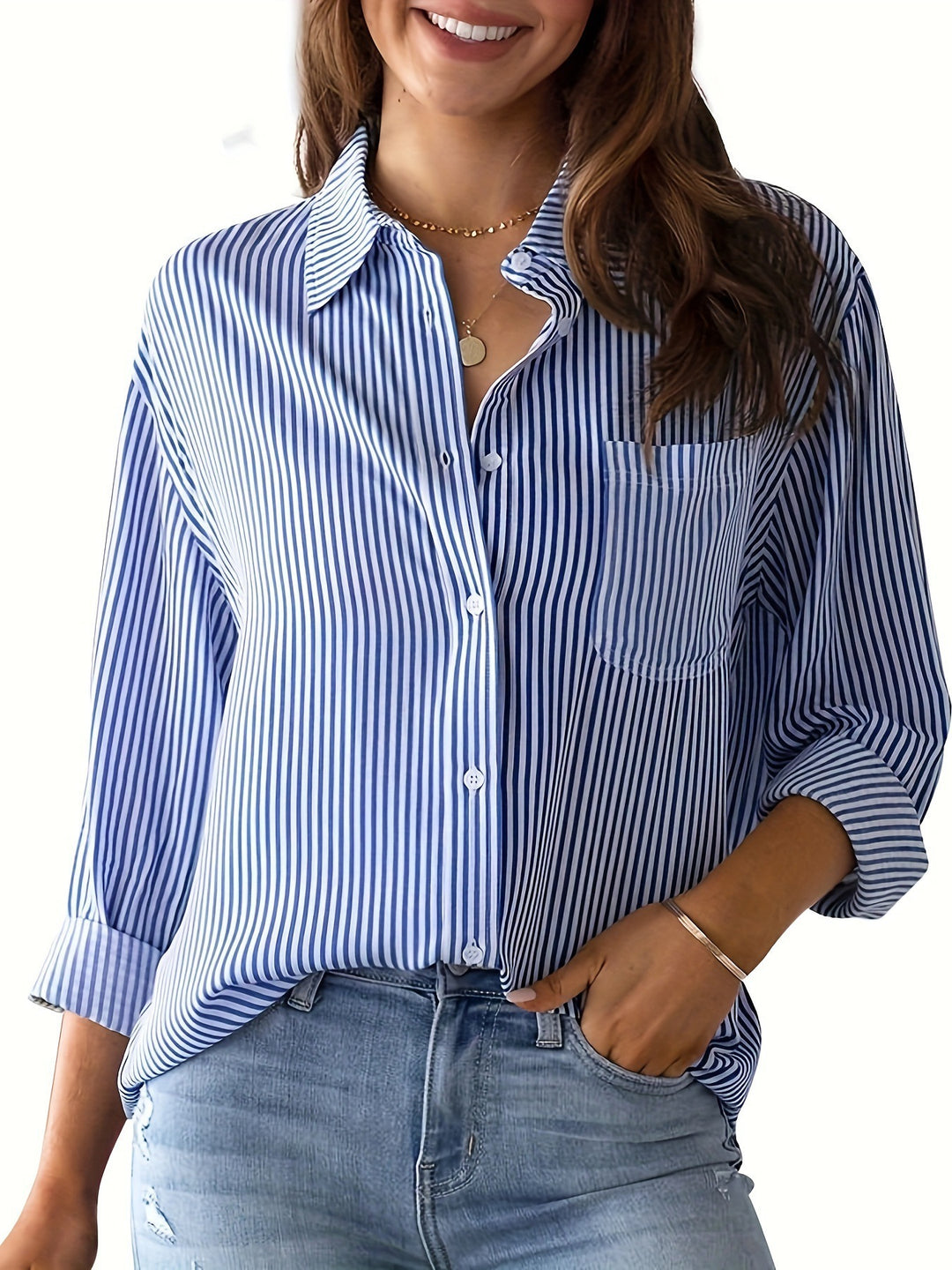 Damen Langarm Bluse mit feinen Streifen und Brusttasche Drune