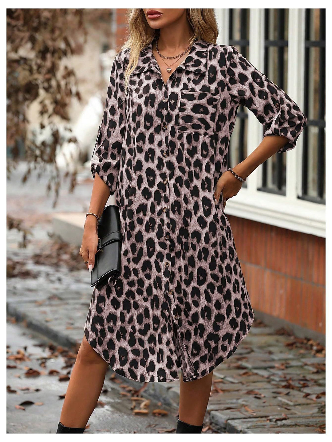 Damen Stylisches Leopardenmuster Langes Knopf-up Kleid Drune