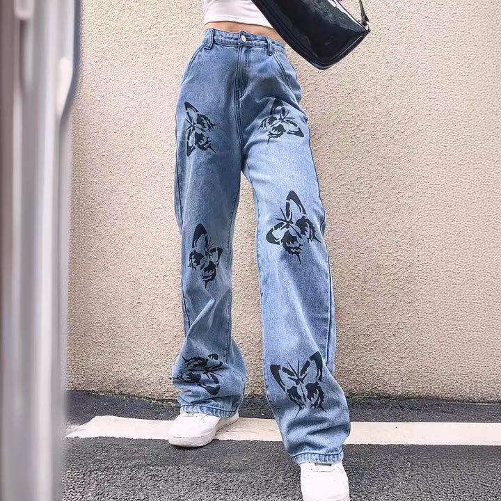 Damen weite Jeans mit auffälligem Schmetterlingsdruck Drune