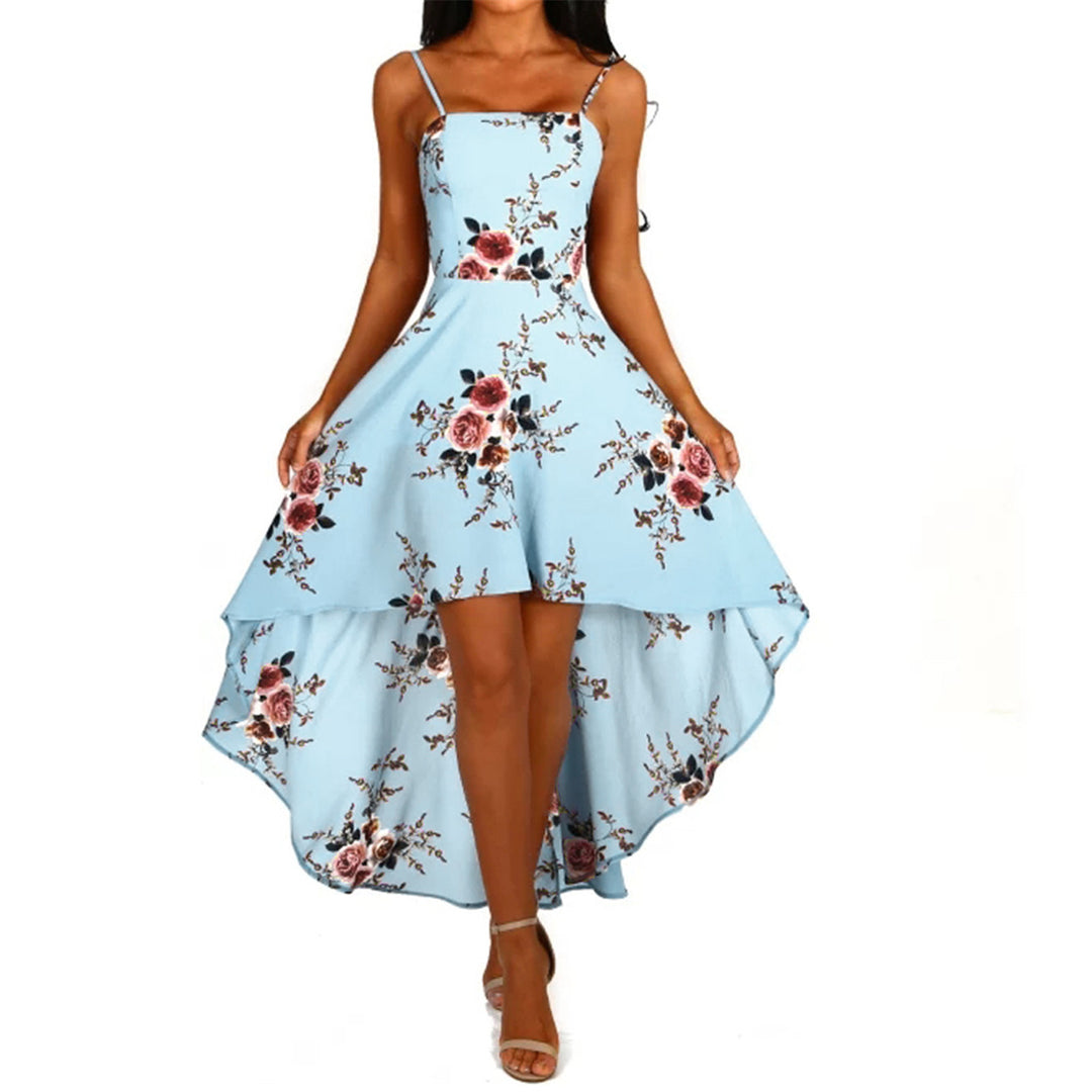 Damen asymmetrisches Blumenkleid mit dekorativen Spaghettiträgern und schwingendem Saum Drune