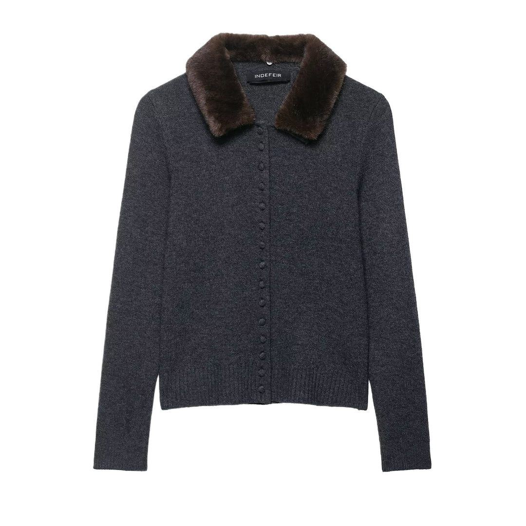 Damen elegante Strickjacke mit abnehmbarem Kunstfellkragen Drune