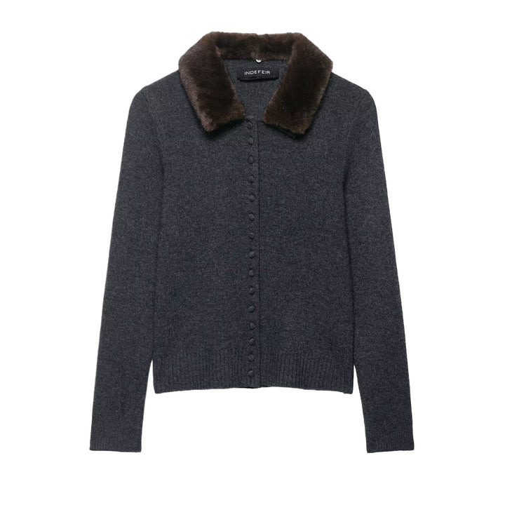 Damen elegante Strickjacke mit abnehmbarem Kunstfellkragen Drune