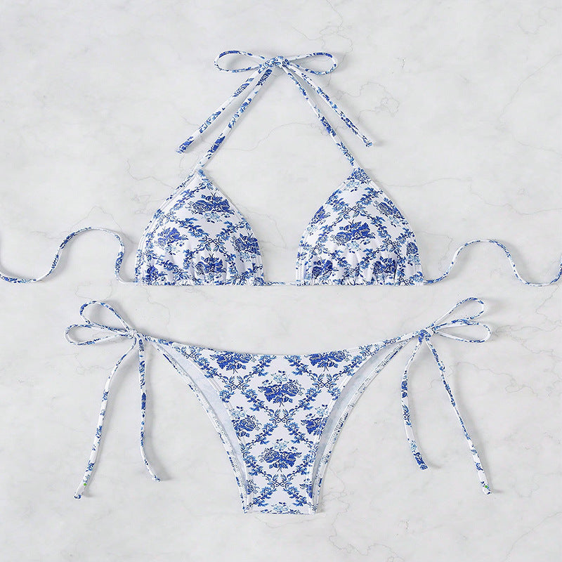 Damen Triangel-Bikini mit verspieltem Blumendesign und verstellbaren Bindebändern Drune