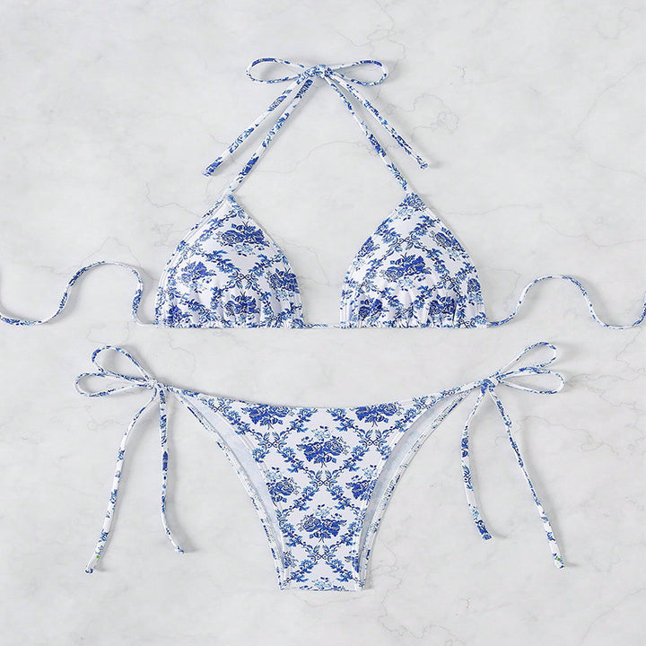 Damen Triangel-Bikini mit aufregenden Bindebändern und floralen Akzenten Drune
