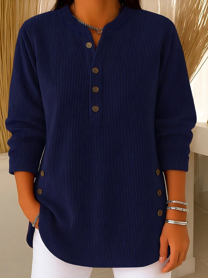 Damen nan plissee Tunika-Bluse mit Stehkragen, Knopfleiste und seitlichen Zierknöpfen Drune