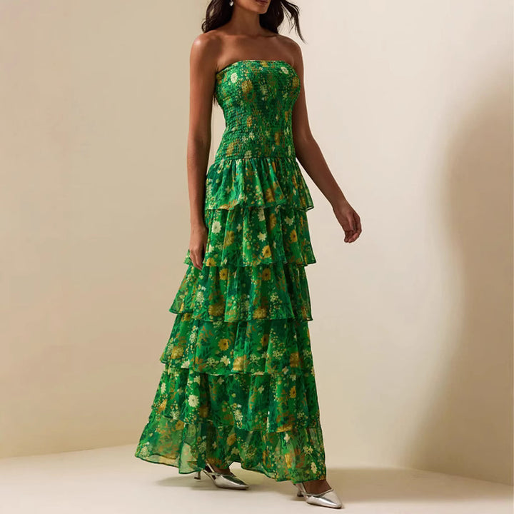 Damen Langärmliges Maxikleid mit voluminösen Rüschen und floralem Design Drune