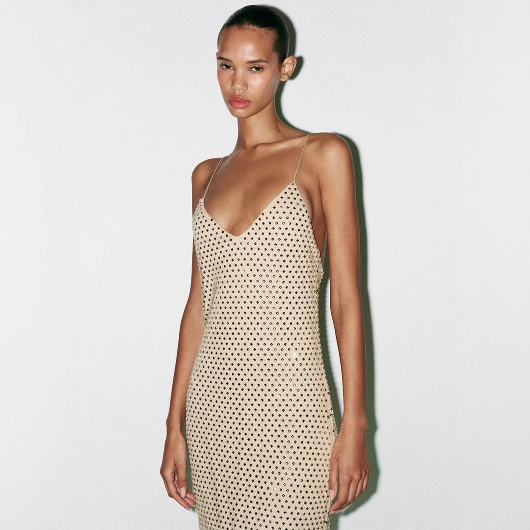 Damen Elegantes Maxikleid mit raffinierten Netzdetails und schmalen Spaghettiträgern Drune