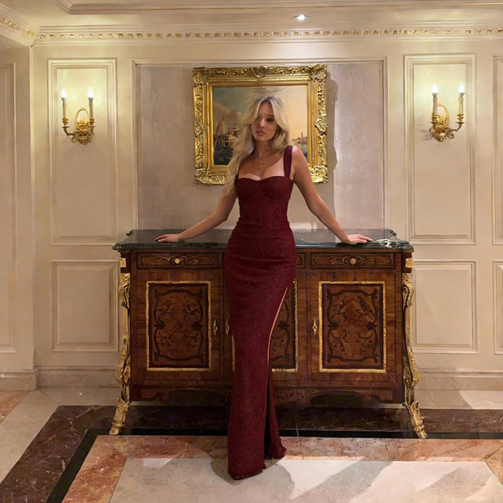 Damen glamouröses Party-Abendkleid mit funkelnden Pailletten und seitlichem Schlitz Drune