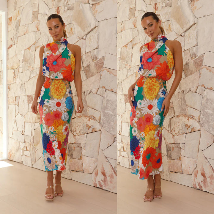 Damen Maxikleid mit kreativem Blumendesign und verspieltem Neckholder Drune