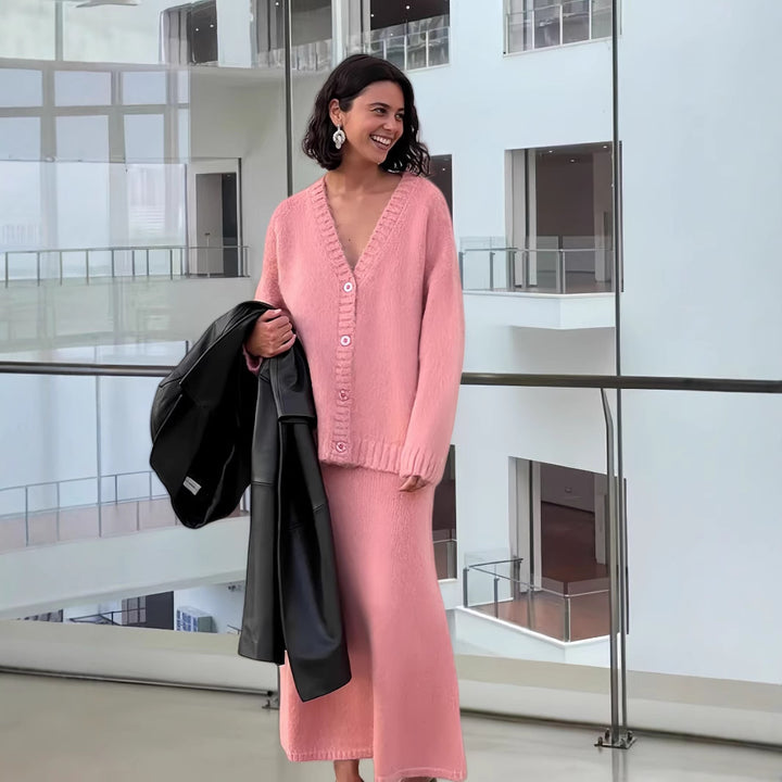 Damen Oversized Strickjacke mit tiefem V-Ausschnitt und großen Knöpfen Drune