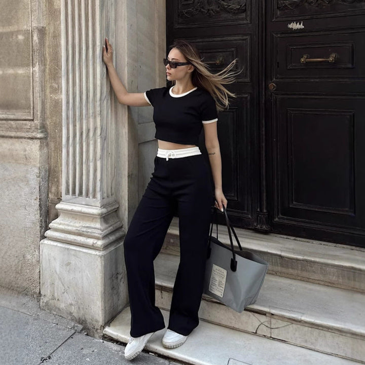 Damen lässiges Lounge-Set mit cropped Oberteil und weitem Hosenbereich Drune