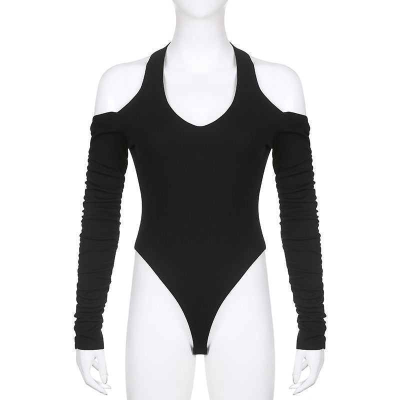 Damen Körperbetonter Langarm-Bodysuit mit tiefem V-Ausschnitt und raffinierten Rüschendetails Drune