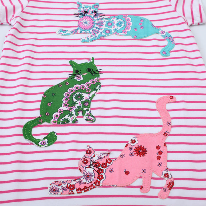 Mädchen gestreiftes Kurzarmkleid mit bunten Katzenmotiven Drune