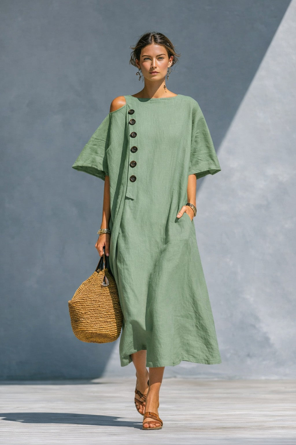 Damen Oversize-Langarmkleid mit asymmetrischem Ausschnitt und Knopfdetail Drune