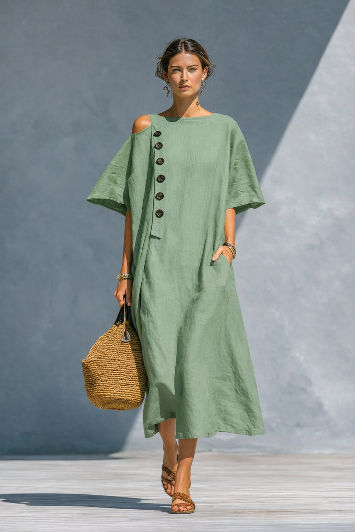 Damen Oversize-Langarmkleid mit asymmetrischem Ausschnitt und Knopfdetail Drune