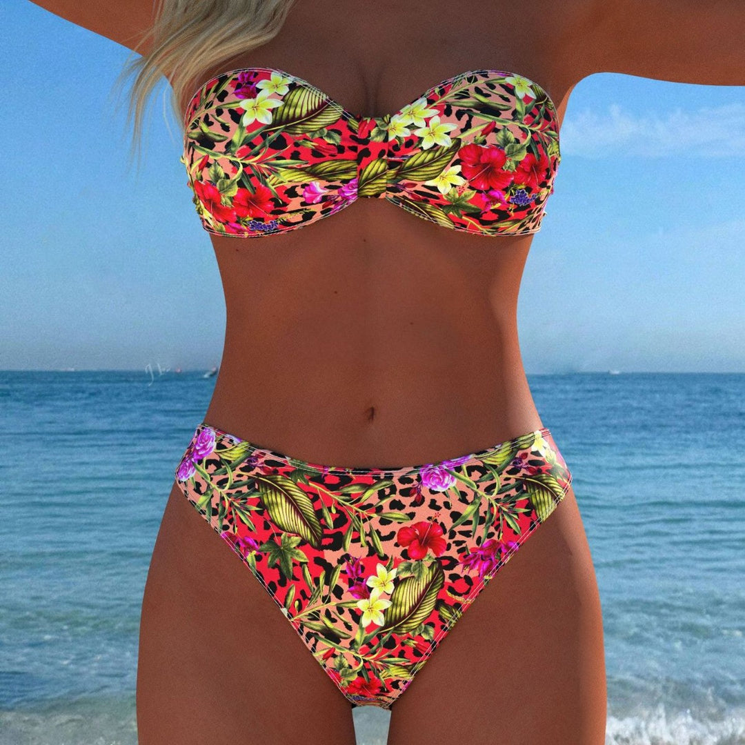 Damen Bandeau-Bikini mit floralem Muster und hohem Beinausschnitt Drune