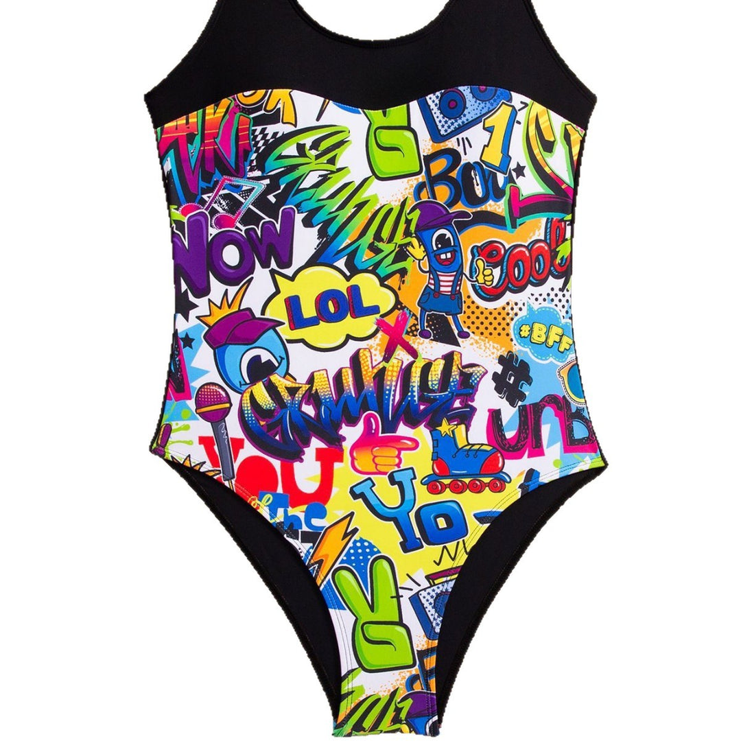 Damen Einteiliger Badeanzug mit buntem Graffiti-Design Drune