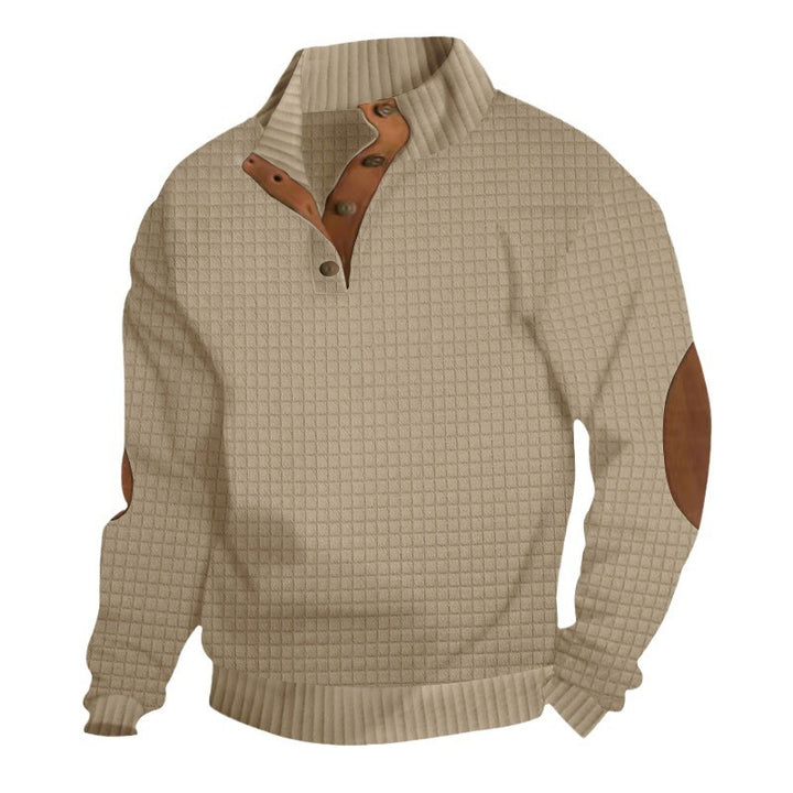 Herren nan waffelstruktur-Troyer mit Stehkragen Druckknopf-Leiste und Nappaleder-Ellenbogenpatches Drune