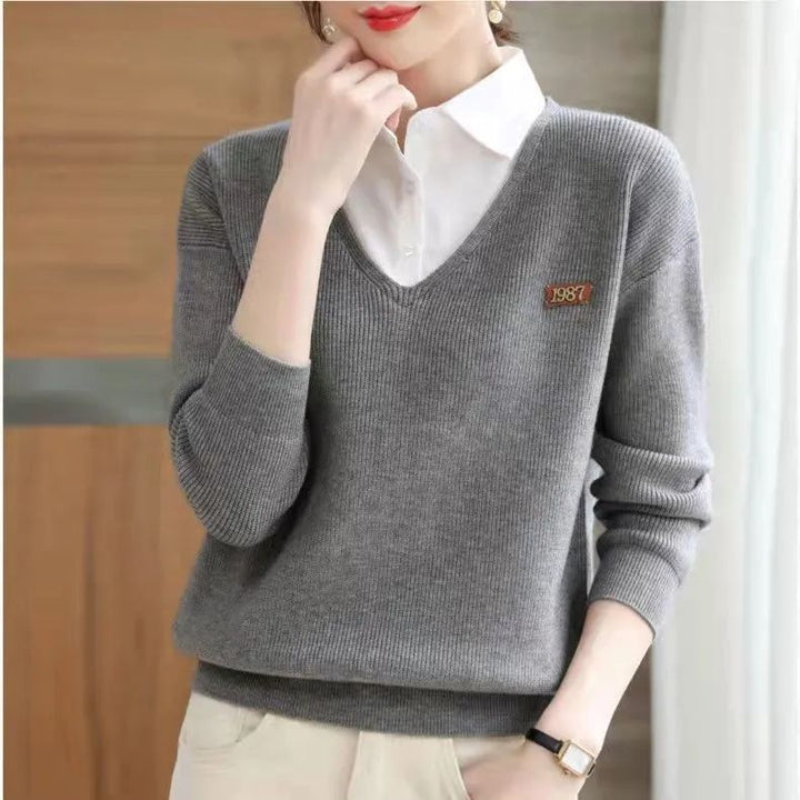 Damen eleganter V-Ausschnitt Pullover mit Hemdkragen Drune