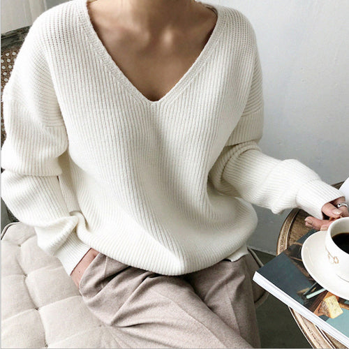 Damen lässiger Strickpullover mit V-Ausschnitt und weit geschnittenen Ärmeln Drune