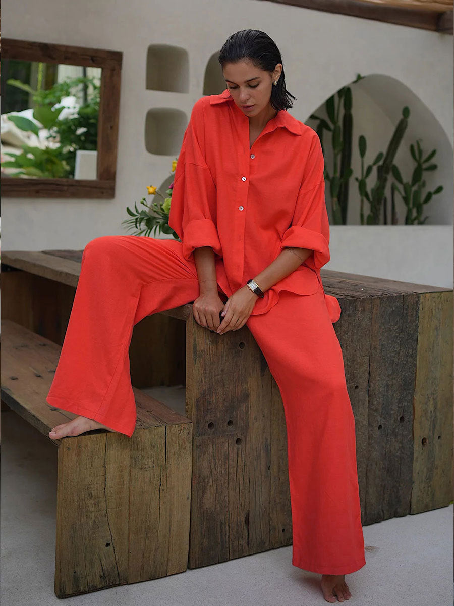 Damen Bequemes Leinen-Loungewear-Ensemble mit weiten Ärmeln und fließender Hose Drune