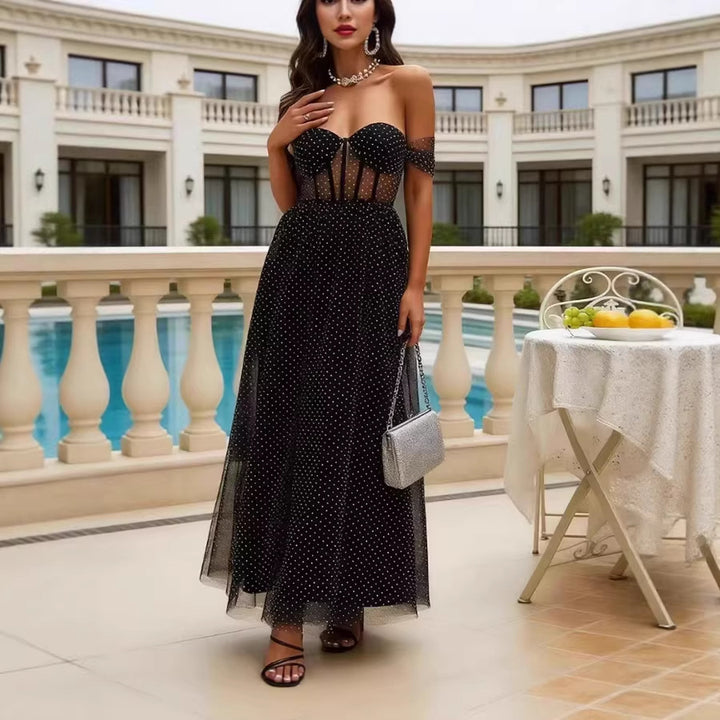 Damen Elegant schulterfreies Maxikleid mit transparenten Einsätzen und Pünktchenmuster Drune