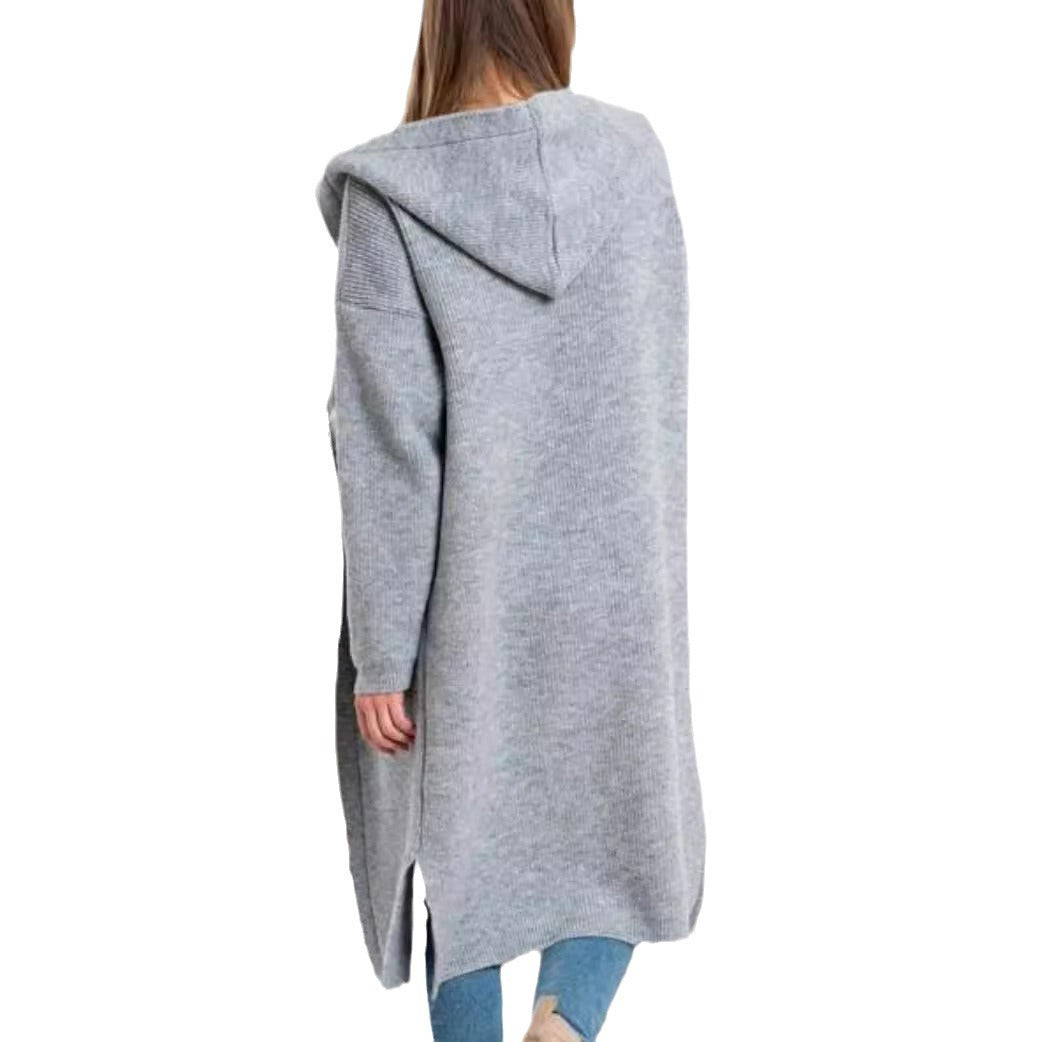Damen Strickmantel mit Kapuze und großen Taschen Drune