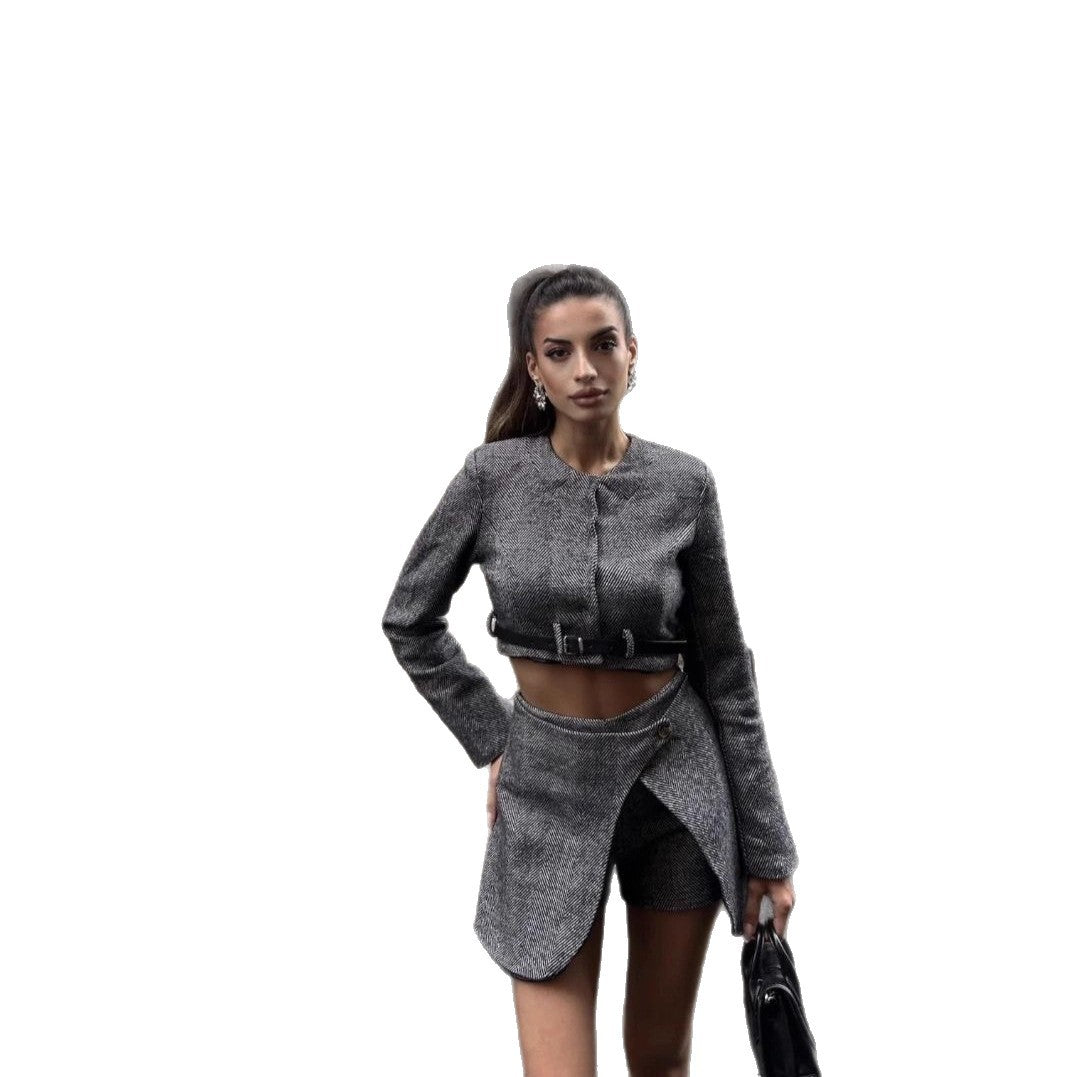 Damen Chic Cropped Blazer mit coolem Gürtel Drune