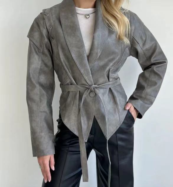 Damen elegante Wickeljacke aus Kunstleder mit dekorativen Details Drune