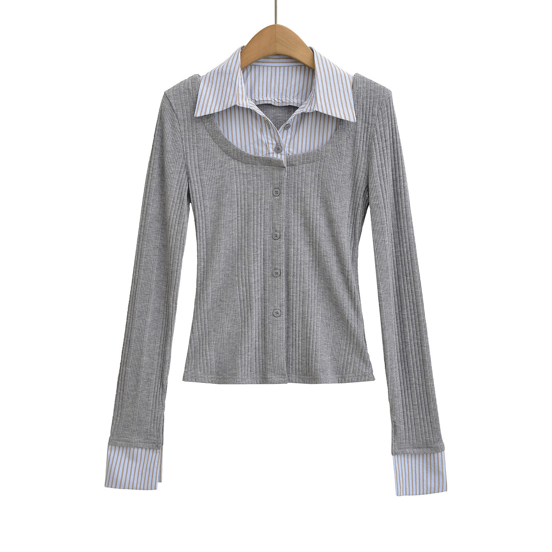 Damen Langarmshirt mit eleganter Knopfleiste und Streifenmustern Drune
