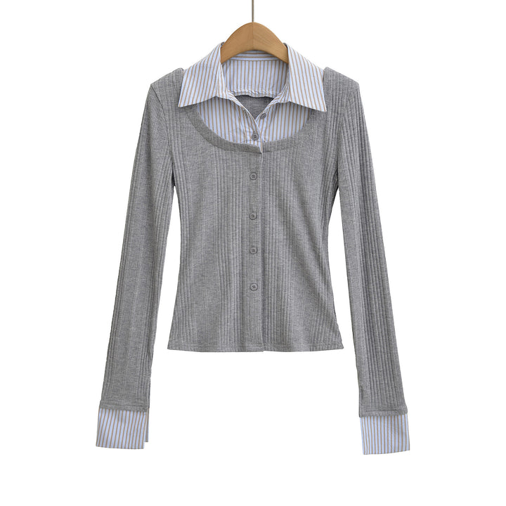 Damen Langarmshirt mit eleganter Knopfleiste und Streifenmustern Drune