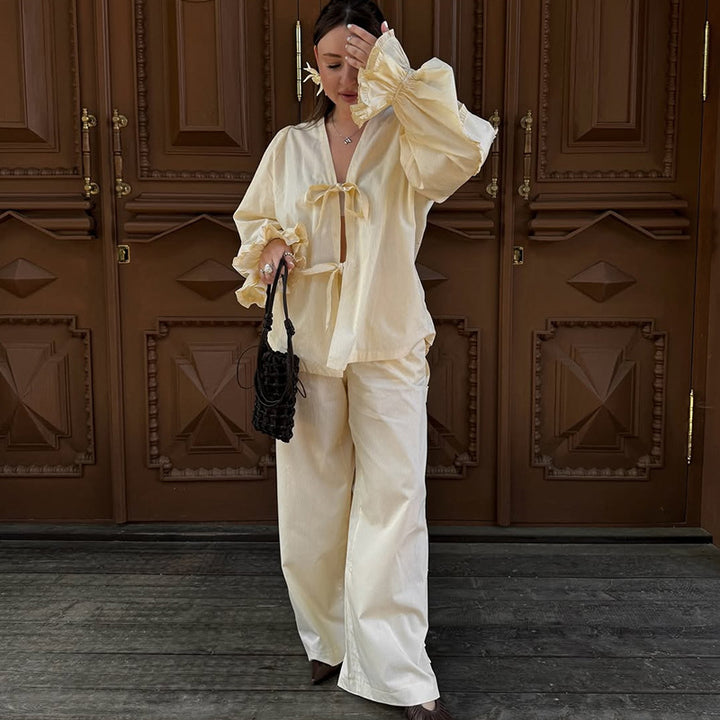 Damen lässige Loungewear-Kombination mit voluminösen Ärmeln Drune