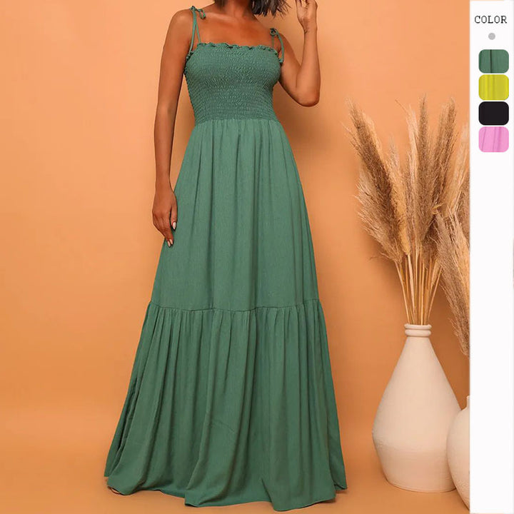 Damen luftiges Maxikleid mit Spaghetti-Trägern und Rüschendetails Drune