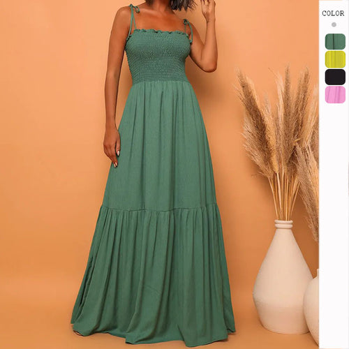 Damen luftiges Maxikleid mit Spaghetti-Trägern und Rüschendetails Drune