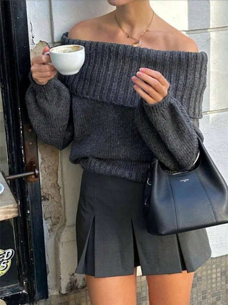 Damen Oversized Pullover mit weitem Kragen und Rippstrick Drune